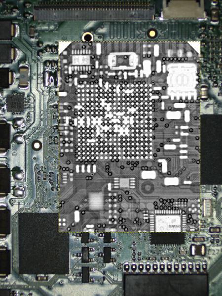 Once in a while you can't just reverse-engineer the PCB, so you need to look inside it. This picture is a bit complex, but it shows a combination of a regular photo of the PCB and an X-ray scan of its part. Now it's relatively easy to figure out where these small traces are going and what's happening under the chips.